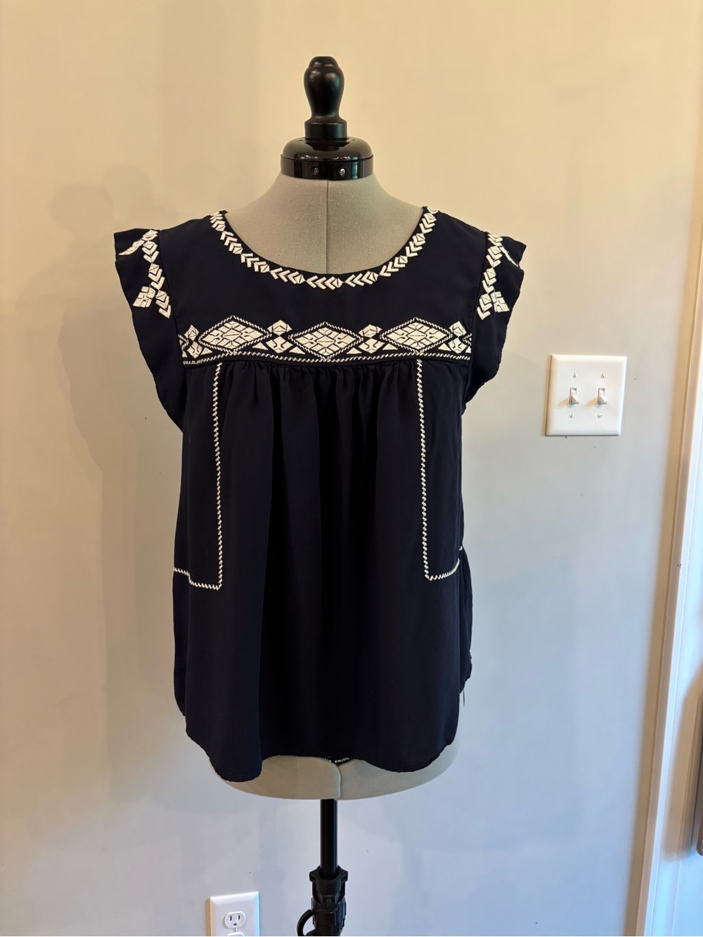 Navy Embroidered Flutter Sleeve Peasant Top
